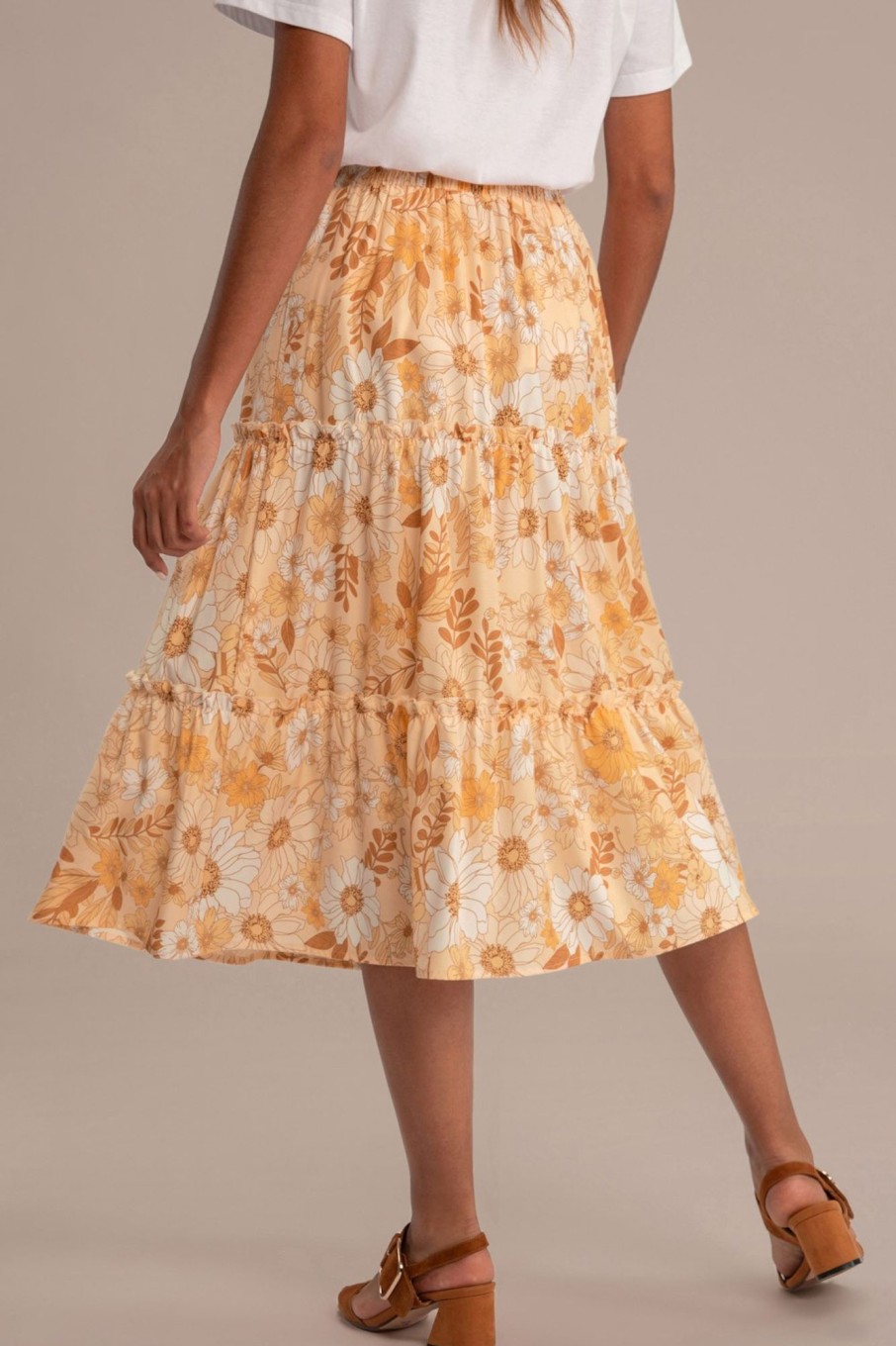 Best Floral Elastic Waist Tiered Midi Skirt Dusty Yellow