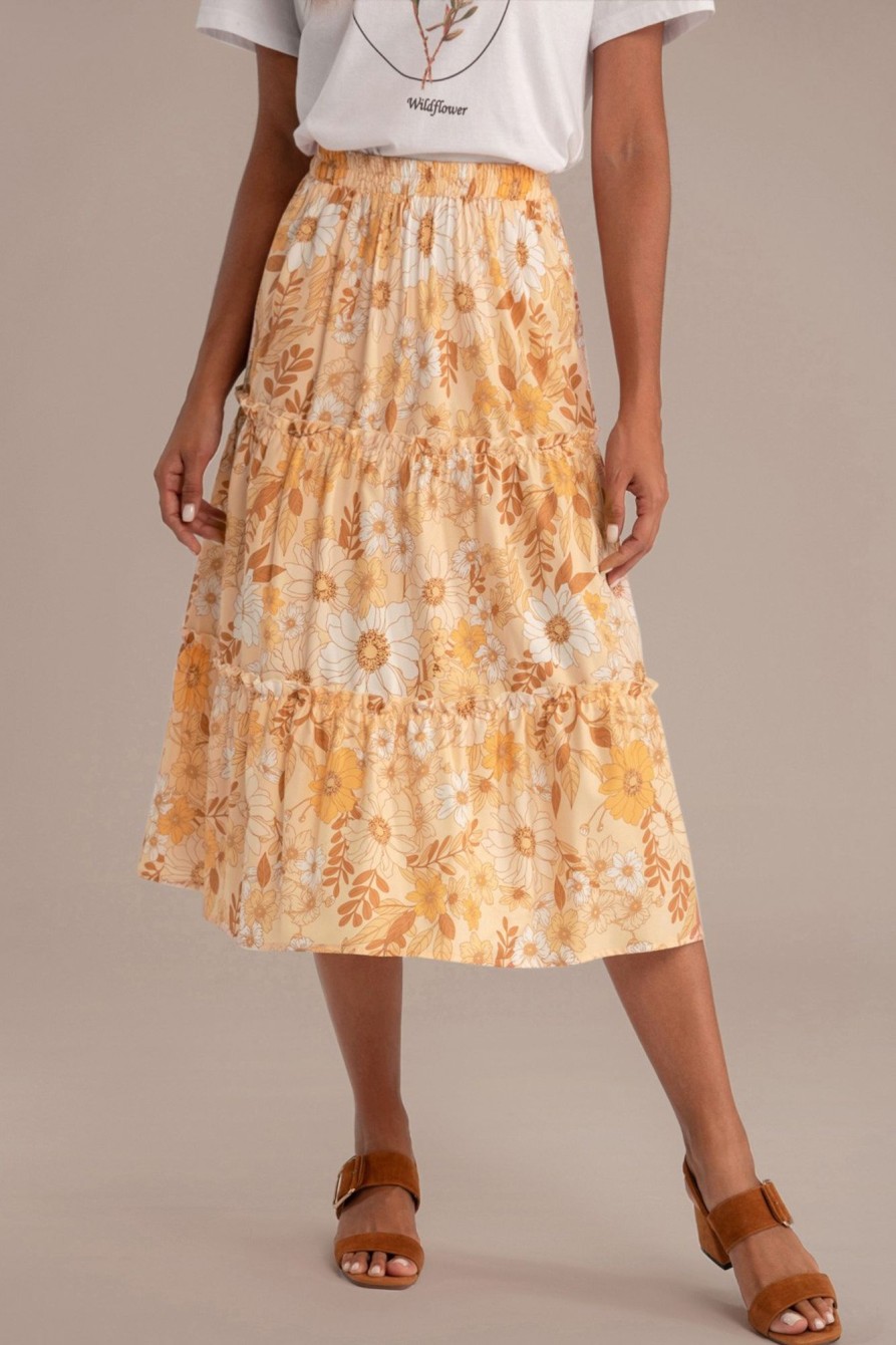 Best Floral Elastic Waist Tiered Midi Skirt Dusty Yellow