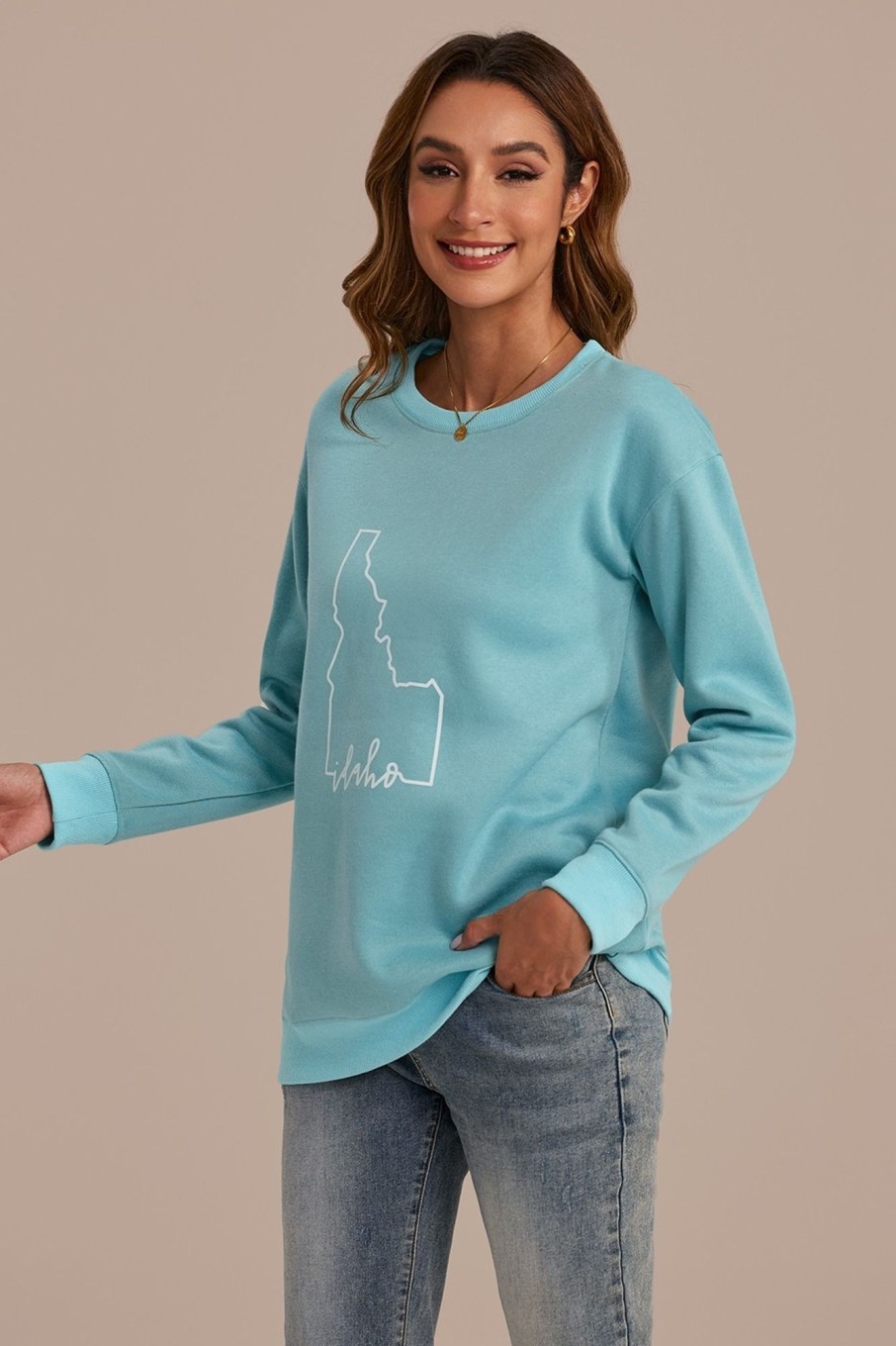 Clearance Round Neck Long Sleeve Casual Sweatshirt Sage