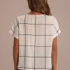 New Plaid Round Neck Rolled Cuff Short Sleeve Blouse White