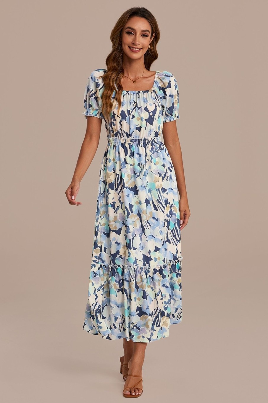 Online Sea Foam Square Neck Short Sleeve Tiered Midi Dress Blue