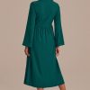 Best Long Sleeve Round Neck Buttons Midi Dress Dark Green