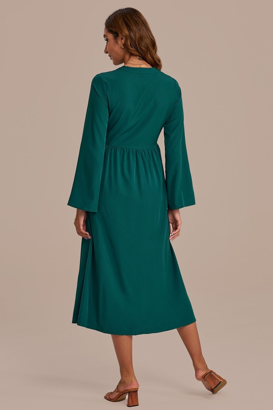 Best Long Sleeve Round Neck Buttons Midi Dress Dark Green