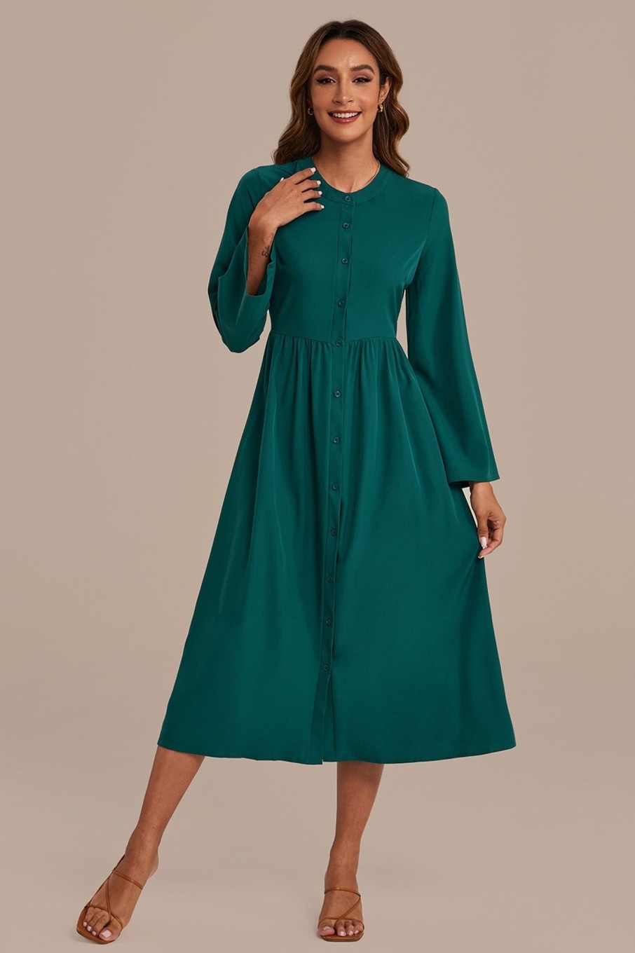 Best Long Sleeve Round Neck Buttons Midi Dress Dark Green