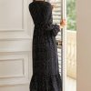 Hot Round Neck Ruffle Long Sleeve Polka Dots Maxi Dress Black