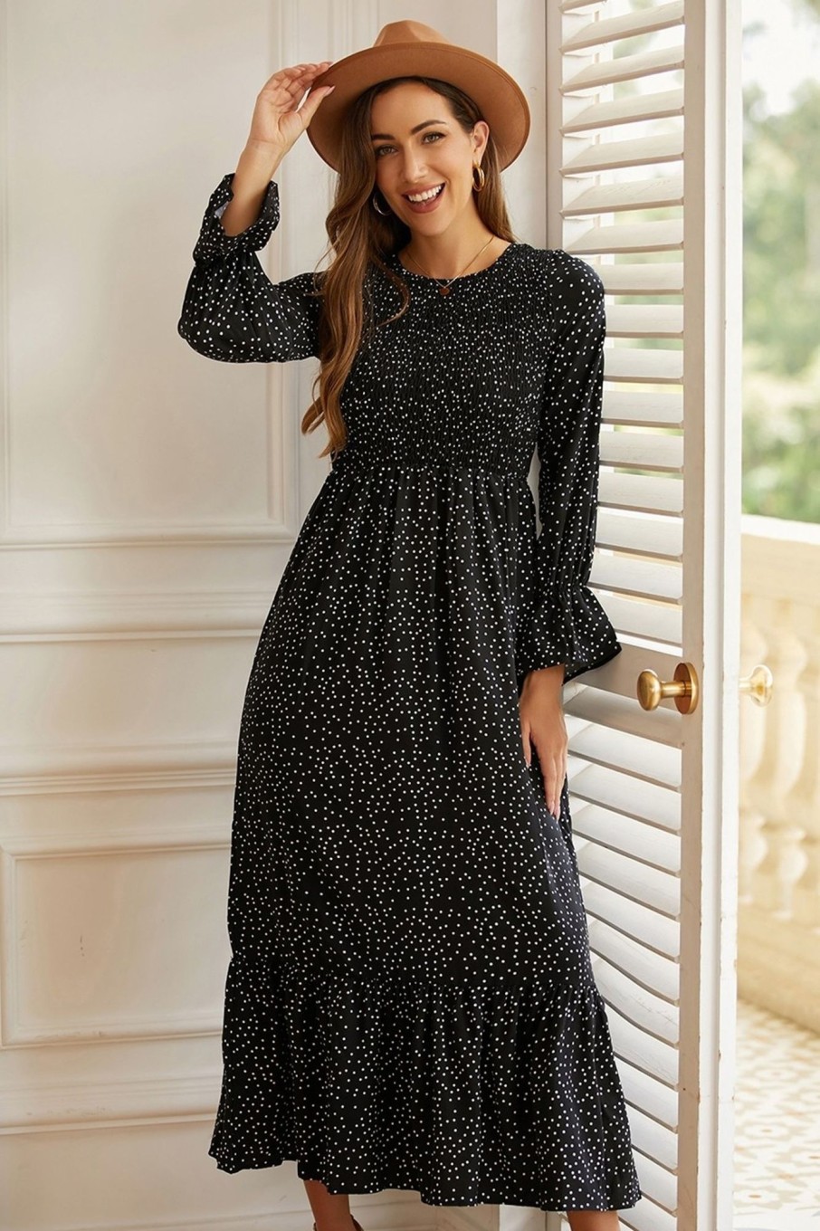 Hot Round Neck Ruffle Long Sleeve Polka Dots Maxi Dress Black