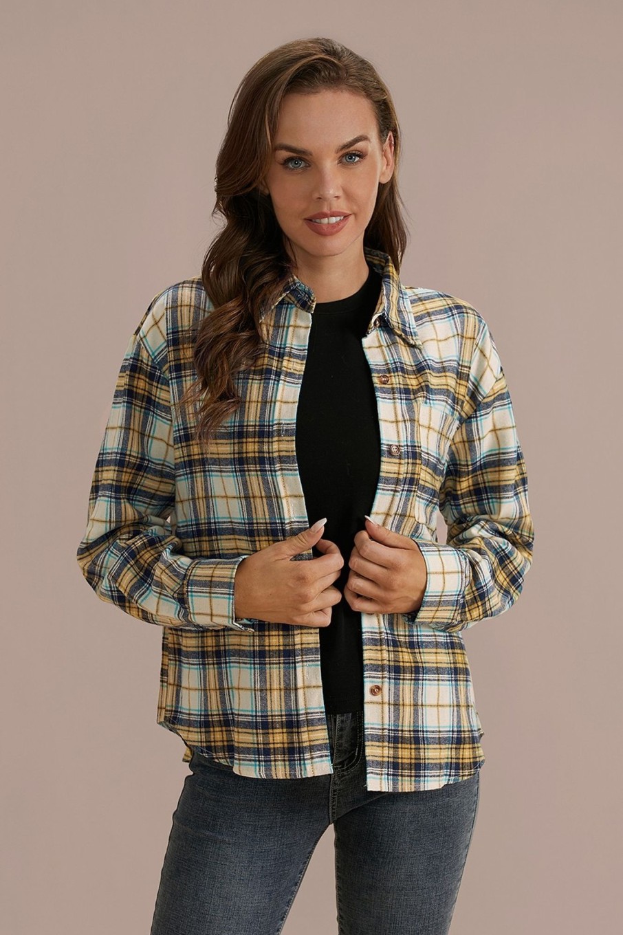 Wholesale Color Plaid Long Sleeve Classic Neck Warm Coat Shacket Jacket Multi