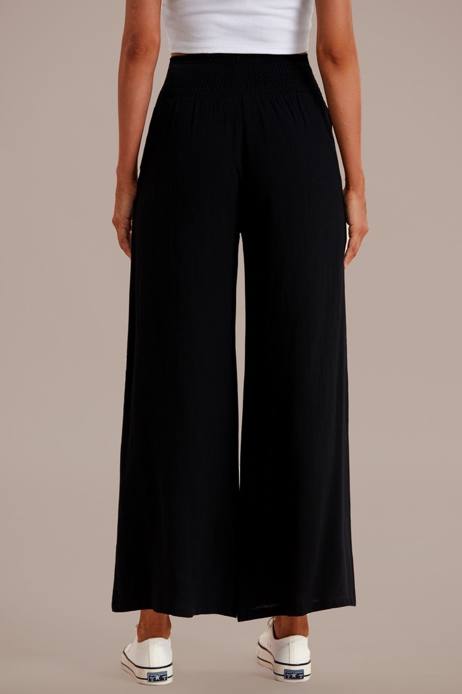 Online Smocked Waist Wide Leg Pants Black