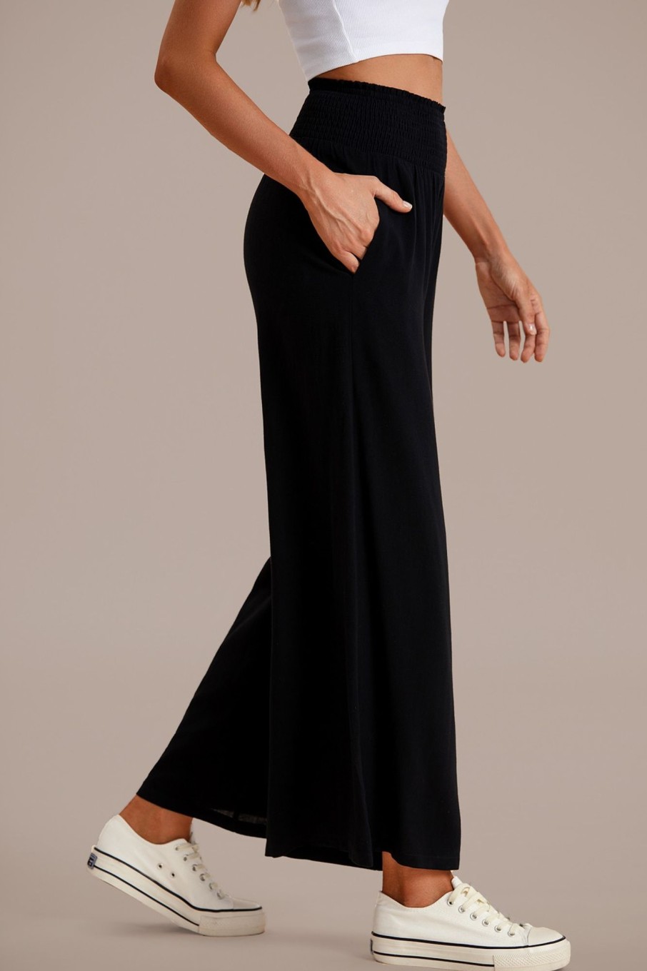 Online Smocked Waist Wide Leg Pants Black