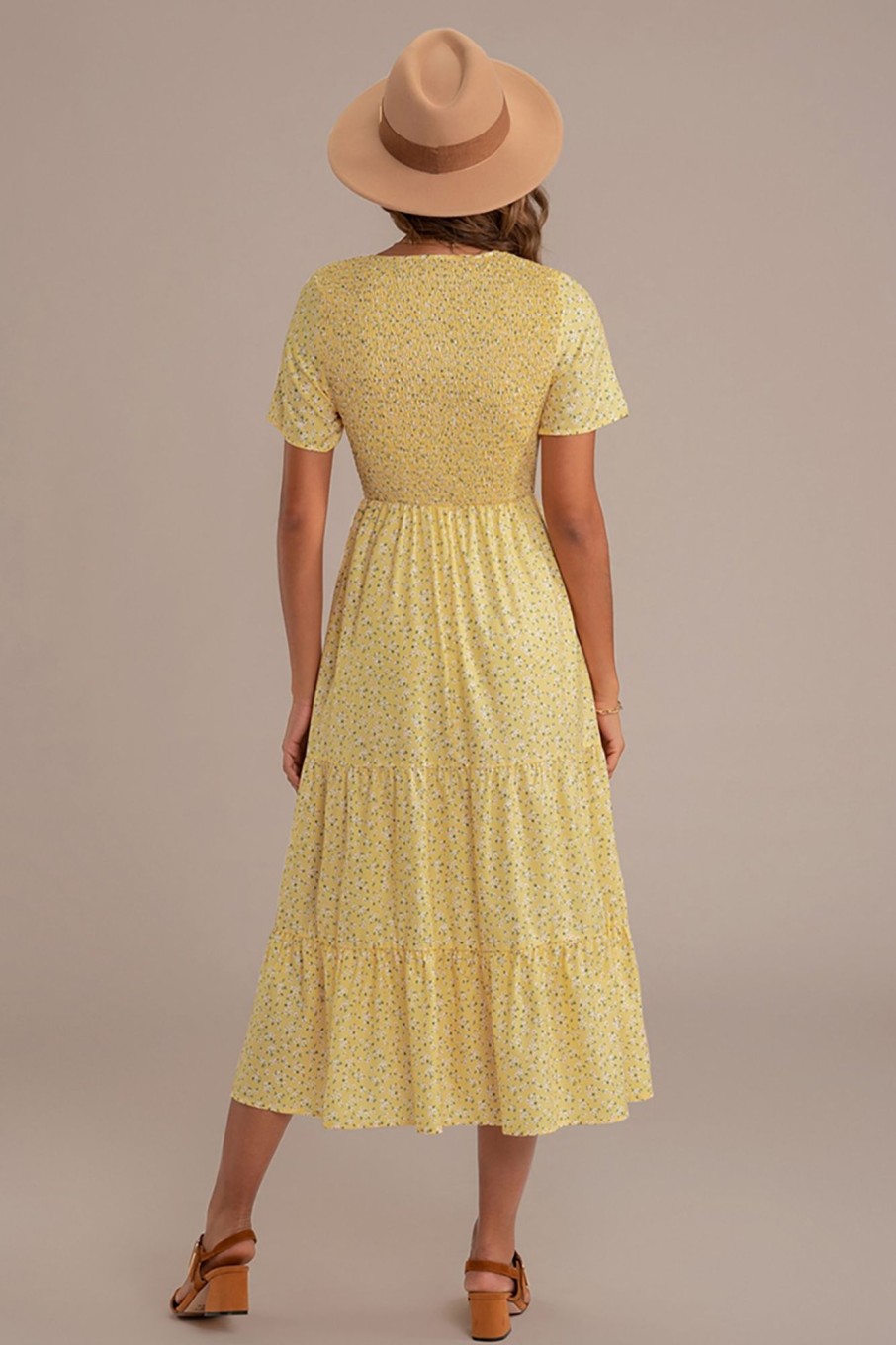 Best Floral Print Short Sleeve V Neck Tiered Midi Dress Yellow