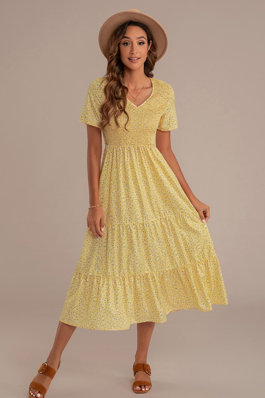 Best Floral Print Short Sleeve V Neck Tiered Midi Dress Yellow