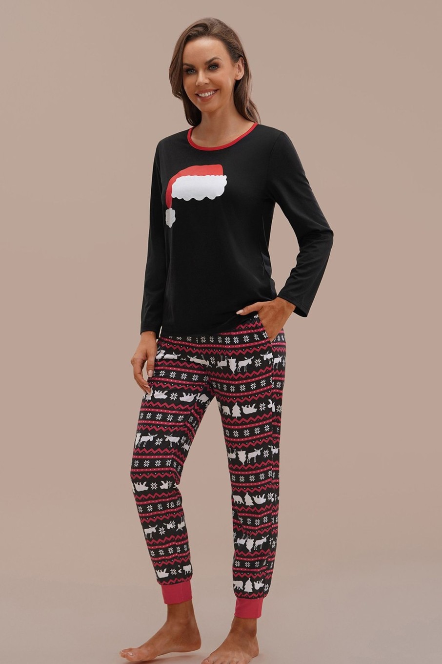 Online Christmas Hat Print Long Sleeve Round Neck Pj Set Black