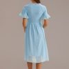 Best Swiss Dots Short Sleeve High Neck Smocked Midi Dress Blue