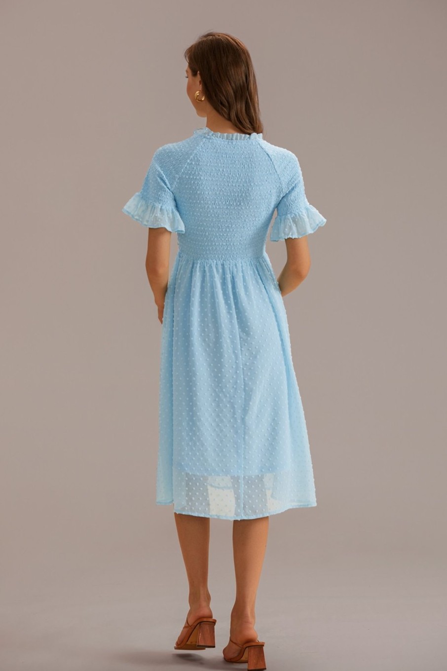 Best Swiss Dots Short Sleeve High Neck Smocked Midi Dress Blue