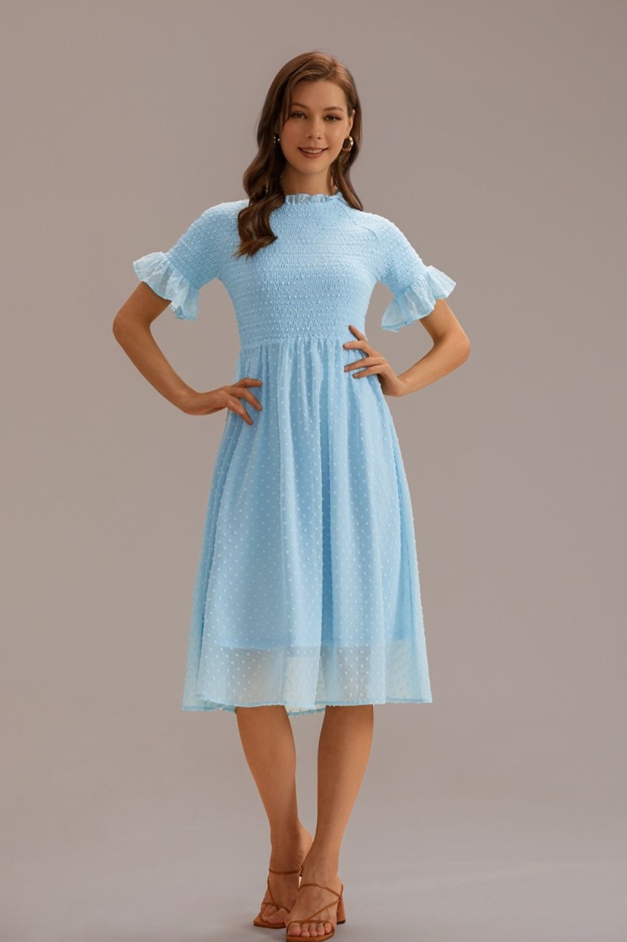 Best Swiss Dots Short Sleeve High Neck Smocked Midi Dress Blue