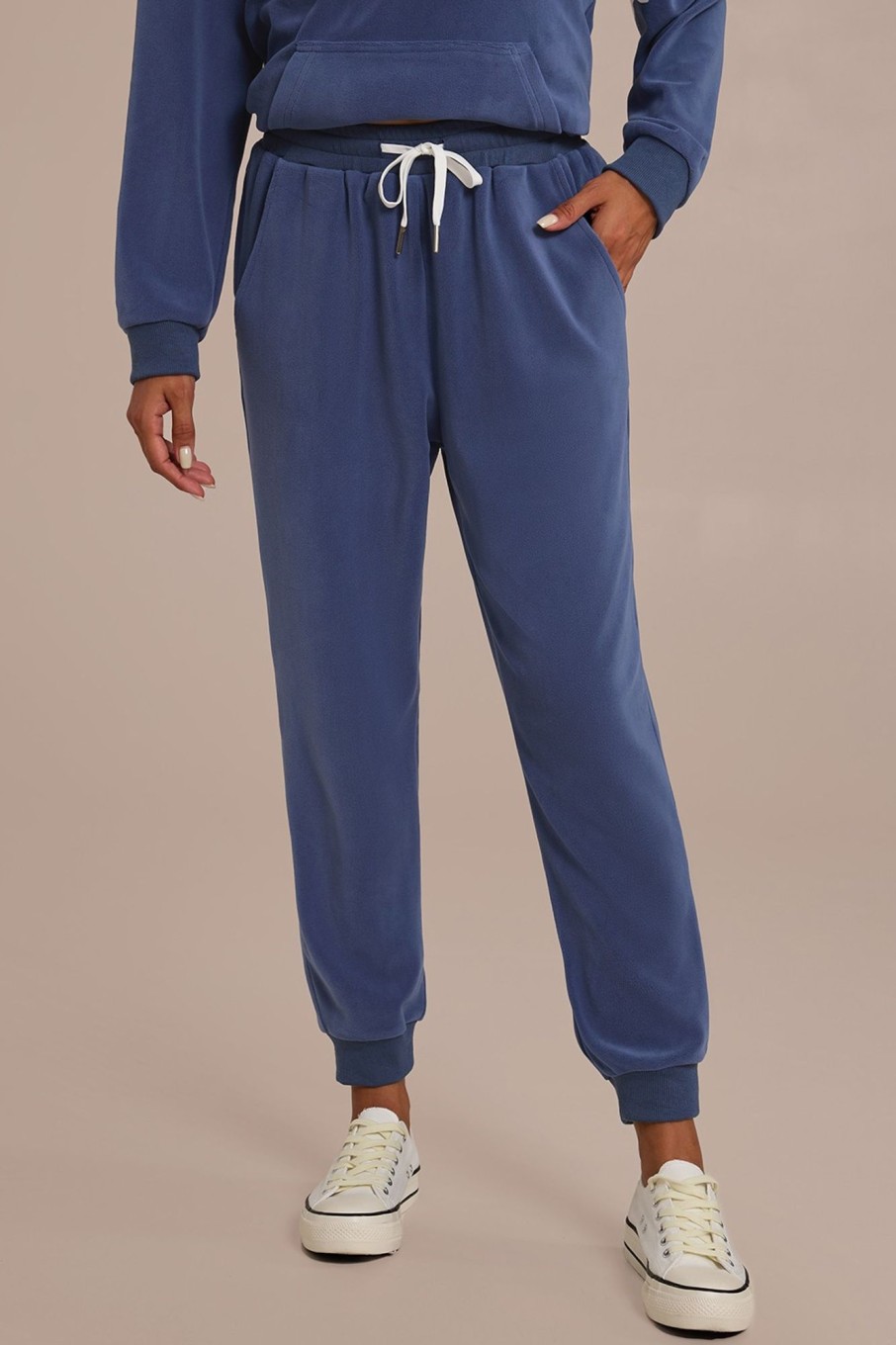 New Elastic Tie Waist Joggers With Pockets Blue