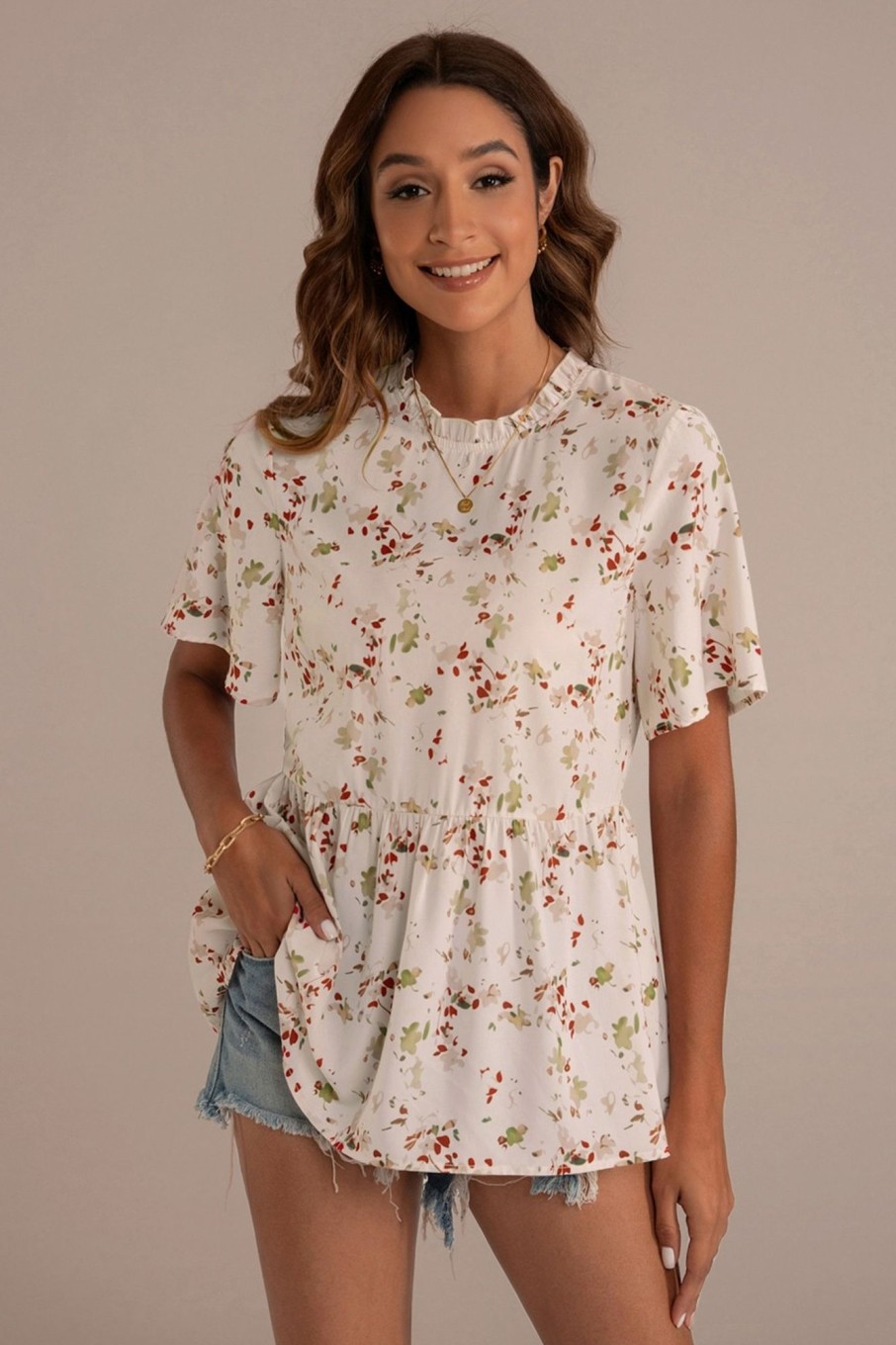 Wholesale Short Sleeve High Neck Ruffle Blouse Floral