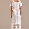 Clearance Lace Square Neck Short Sleeve Smocked Tiered Maxi Dress Off White