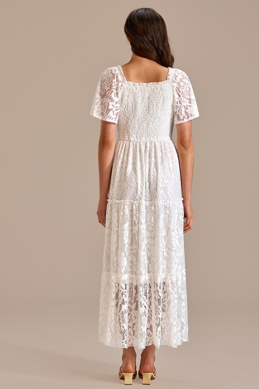 Clearance Lace Square Neck Short Sleeve Smocked Tiered Maxi Dress Off White