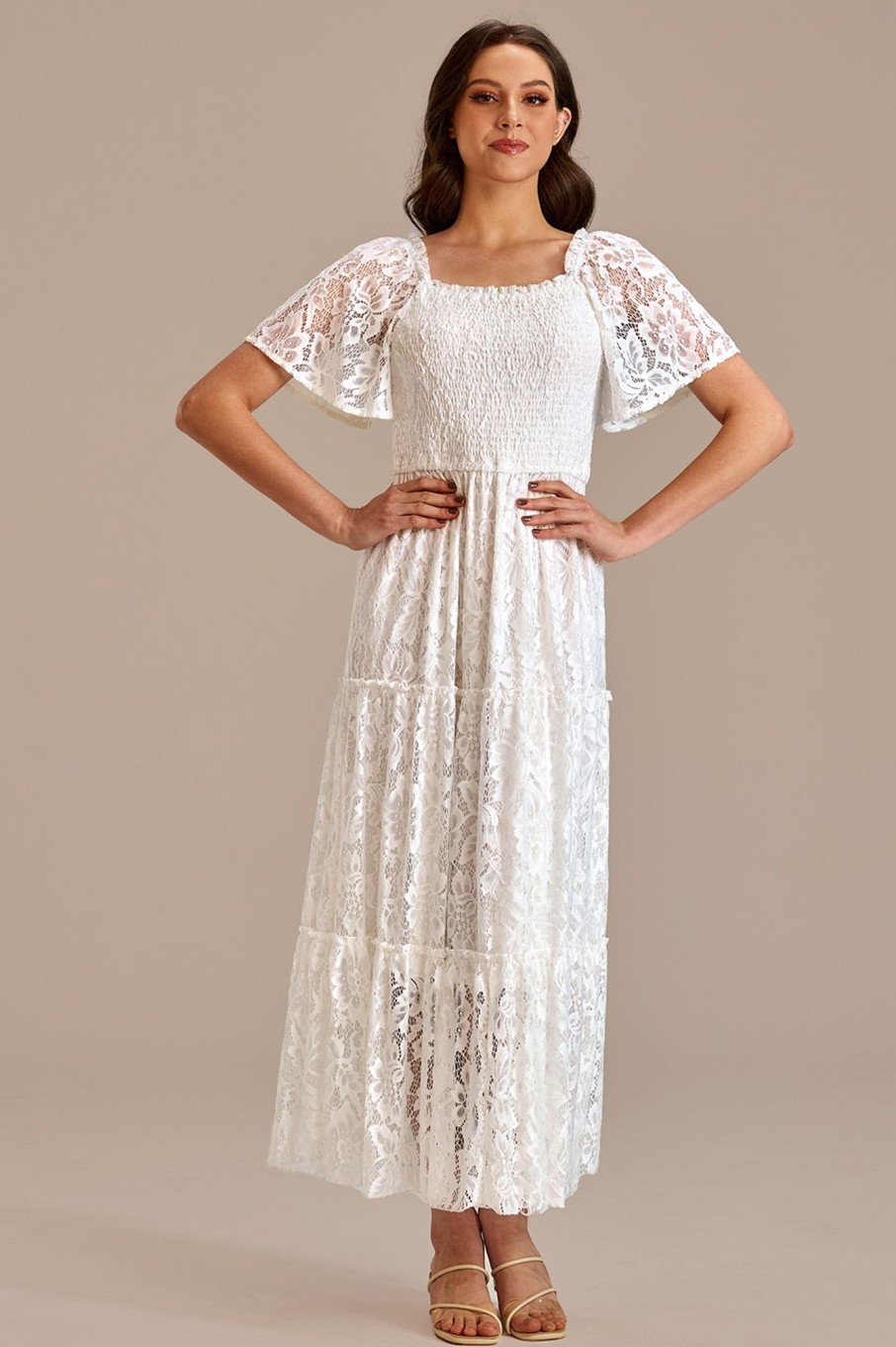 Clearance Lace Square Neck Short Sleeve Smocked Tiered Maxi Dress Off White