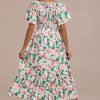 Hot Floral Short Sleeve V Neck Smocked Midi Dress Multi