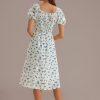 Online Short Balloon Sleeve Sweetheart Neck Knit Textured Midi Dress Floral