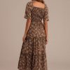 Best Floral Short Sleeve Square Neck Smocked Tiered Maxi Dress Mocha