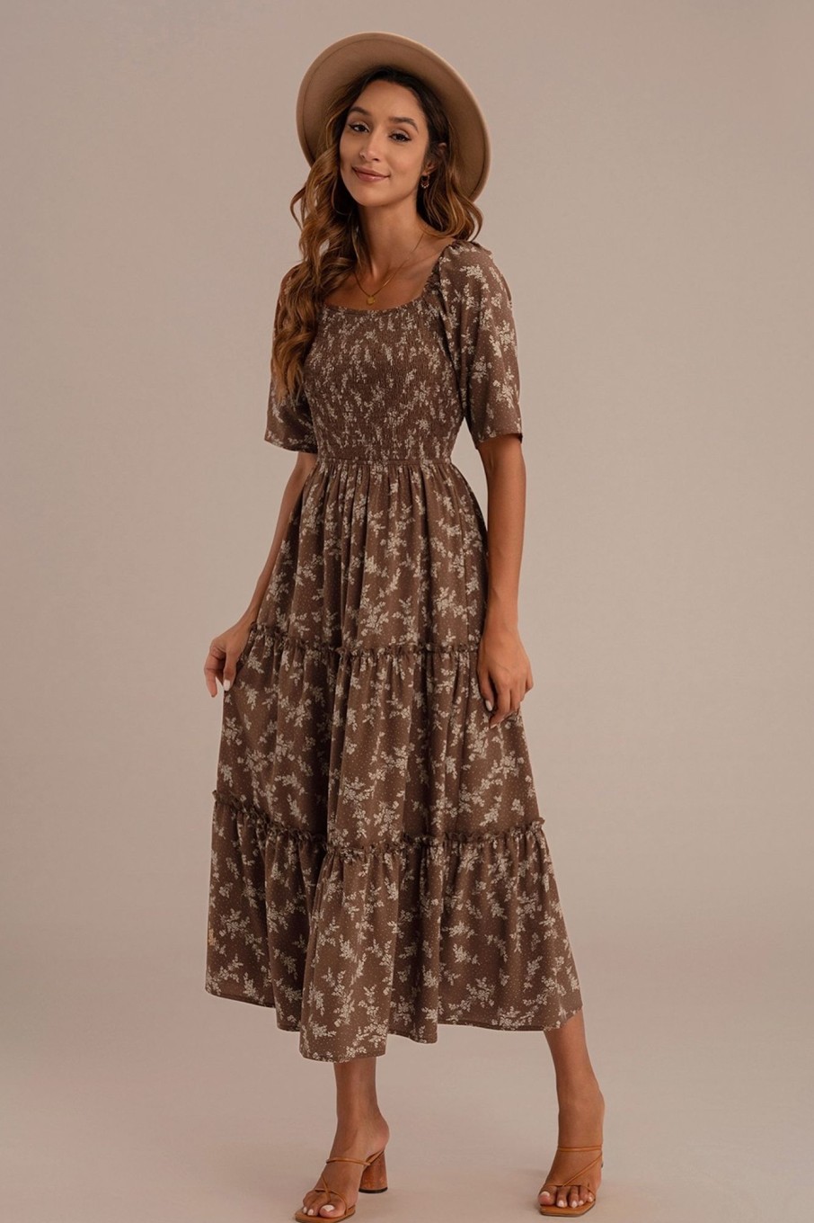 Best Floral Short Sleeve Square Neck Smocked Tiered Maxi Dress Mocha