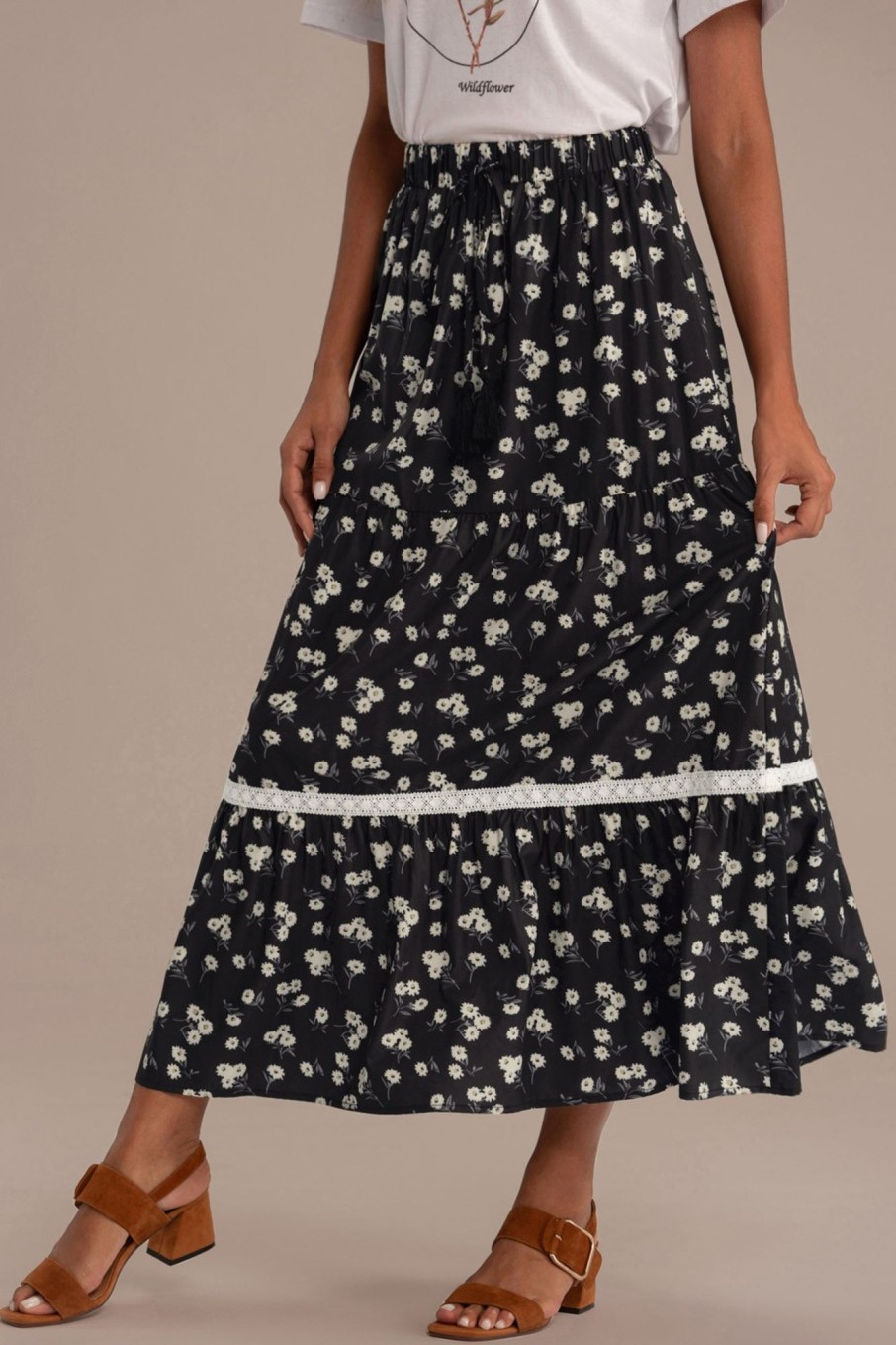 Hot Floral Elastic Waist Tiered Maxi Skirt Black