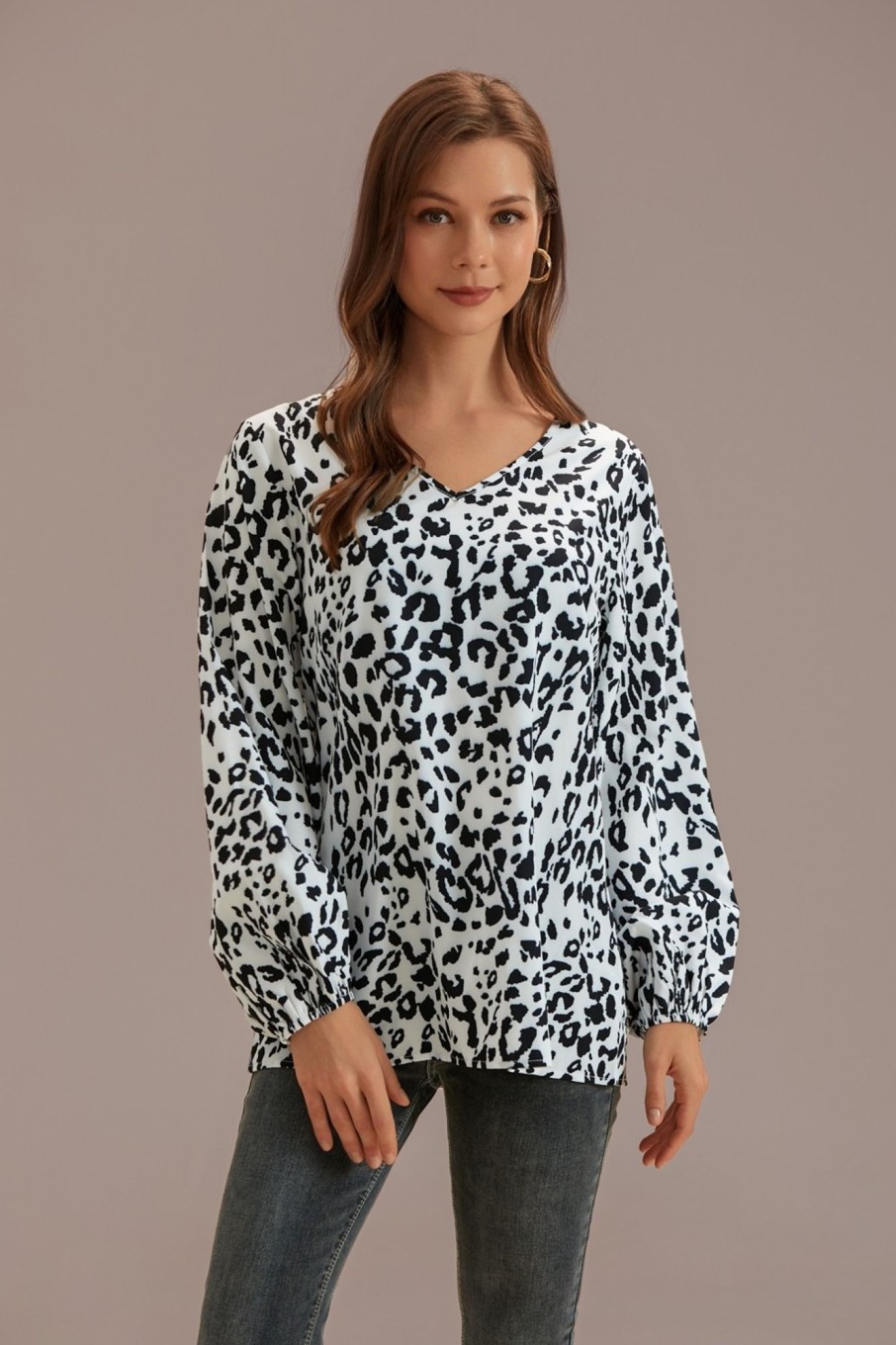 Clearance Vanilla Print V Neck 3/4 Sleeve Blouse Leopard