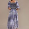 Clearance Plaid Short Puff Sleeve Square Neck Smocked Midi Dress Navy