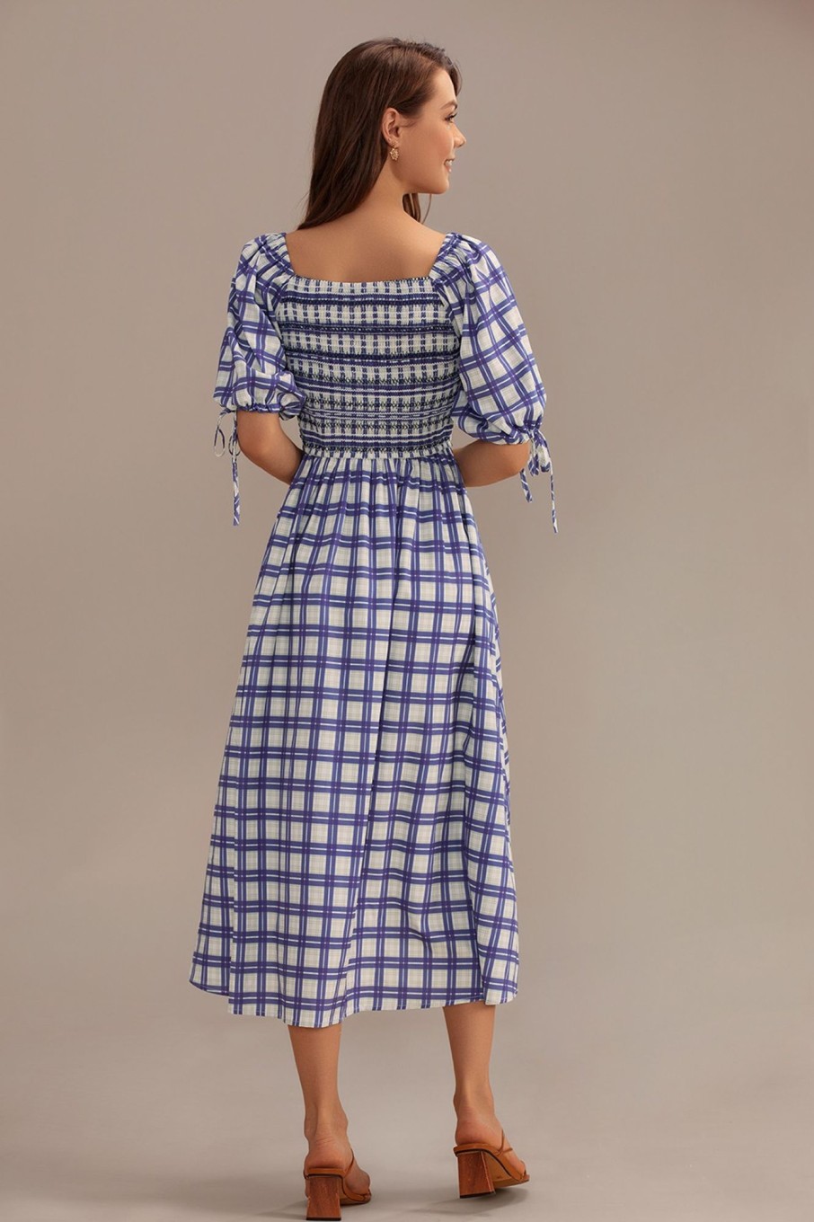 Clearance Plaid Short Puff Sleeve Square Neck Smocked Midi Dress Navy