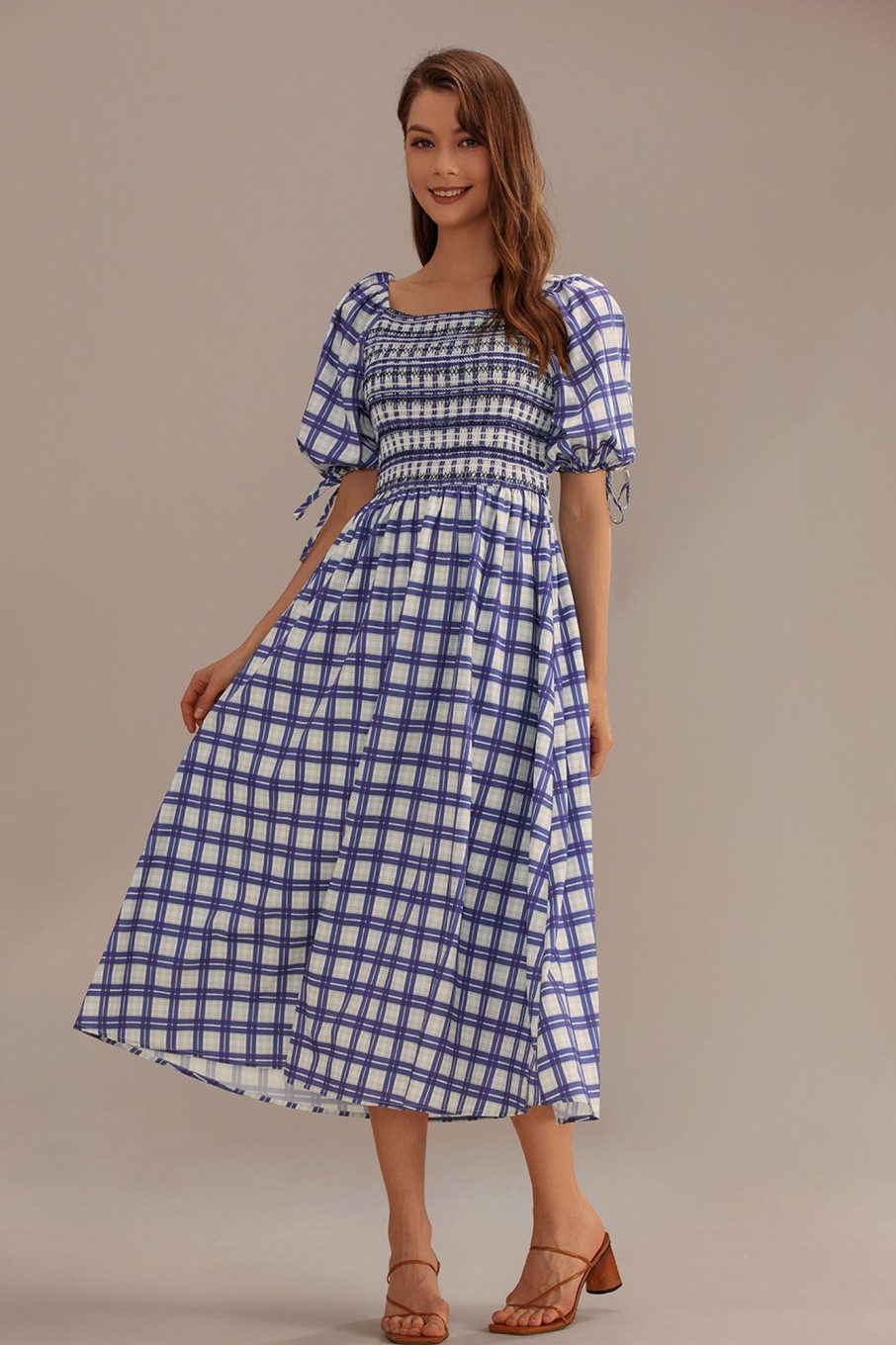 Clearance Plaid Short Puff Sleeve Square Neck Smocked Midi Dress Navy