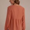 Online Solid Color Long Sleeve Round Neck Back Decorative Button Top Clay