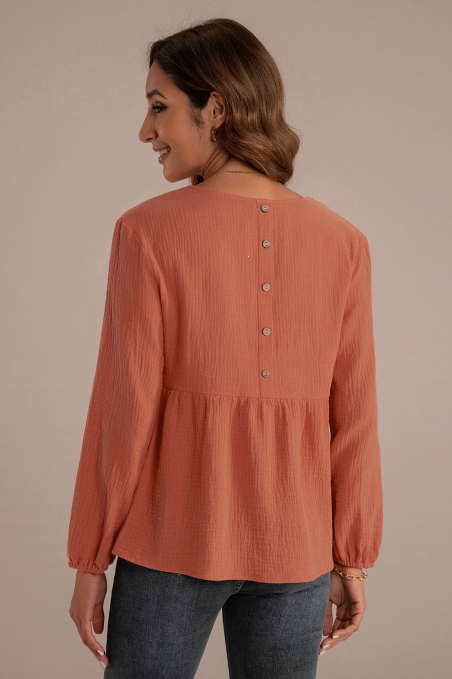 Online Solid Color Long Sleeve Round Neck Back Decorative Button Top Clay