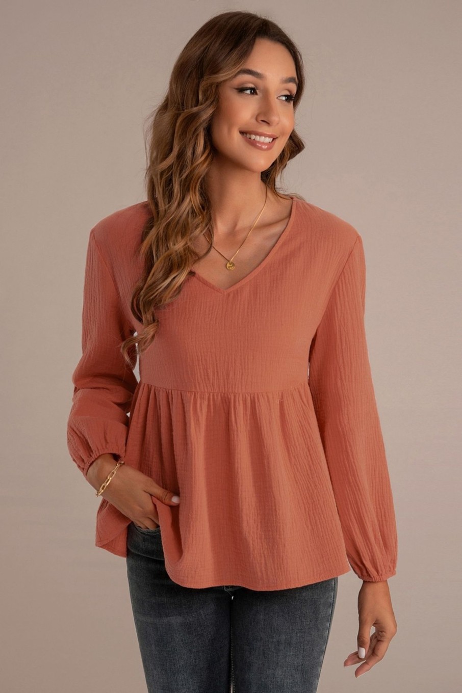 Online Solid Color Long Sleeve Round Neck Back Decorative Button Top Clay