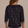 Wholesale Embroidery 3/4 Length Sleeve V Buttons Neck Jersey Top Black