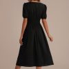 Best Short Sleeve V Neck Midi Dress With Pockets Black