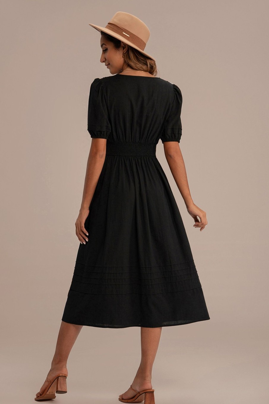 Best Short Sleeve V Neck Midi Dress With Pockets Black