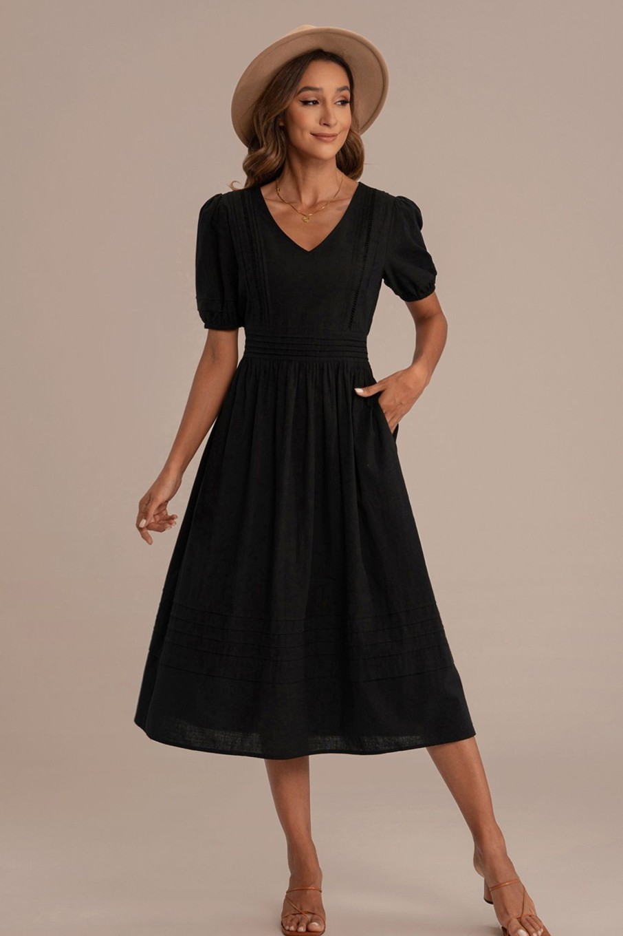 Best Short Sleeve V Neck Midi Dress With Pockets Black