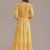 Wholesale Polka Dots Short Sleeve Round Neck Maxi Dress Yellow