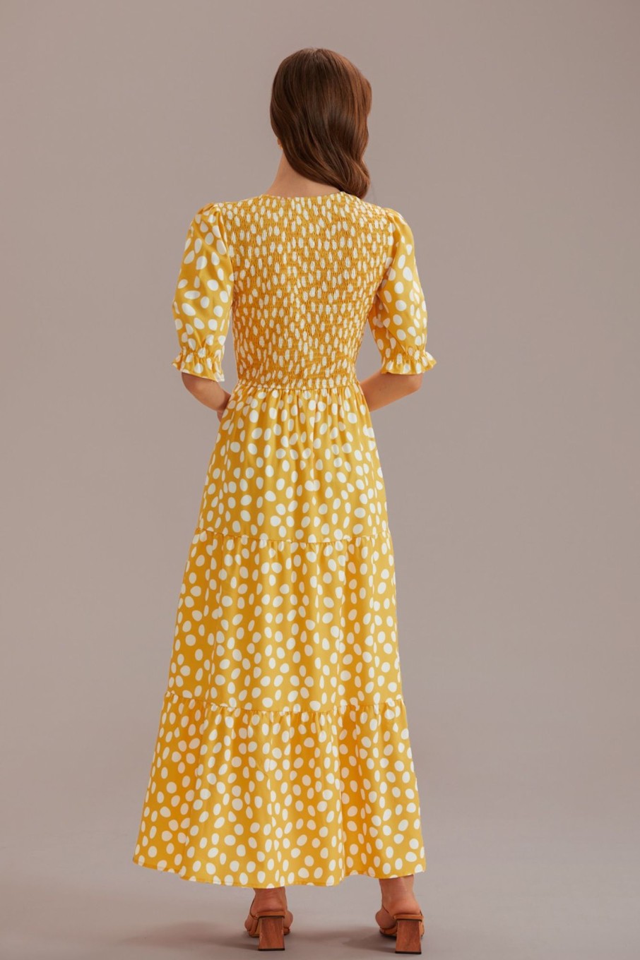 Wholesale Polka Dots Short Sleeve Round Neck Maxi Dress Yellow