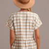 New Plaid V Neck Short Sleeve Button Blouse Brown