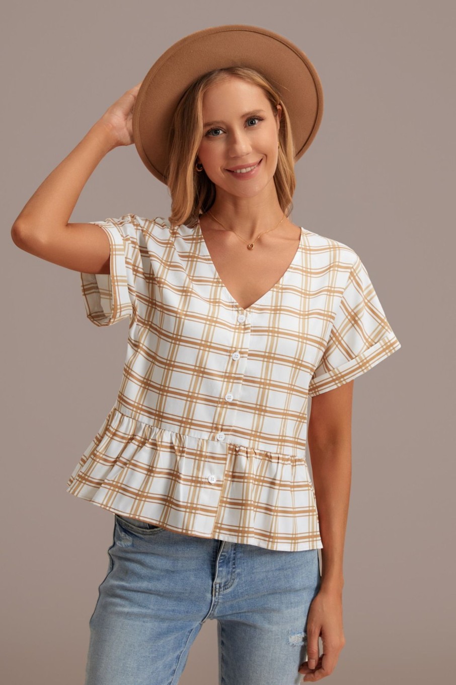 New Plaid V Neck Short Sleeve Button Blouse Brown