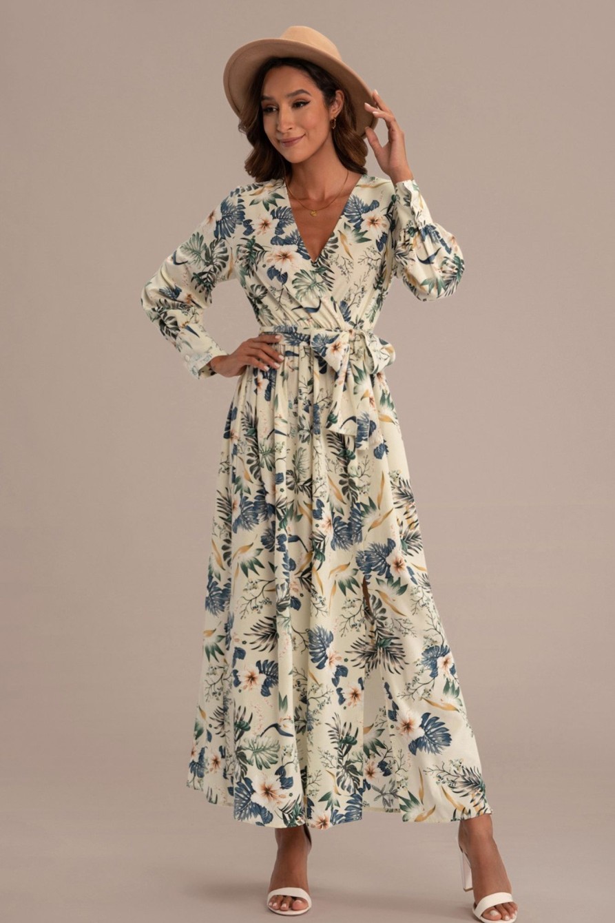 Online Floral Long Sleeve V Neck Tie Waist Print Maxi Dress White