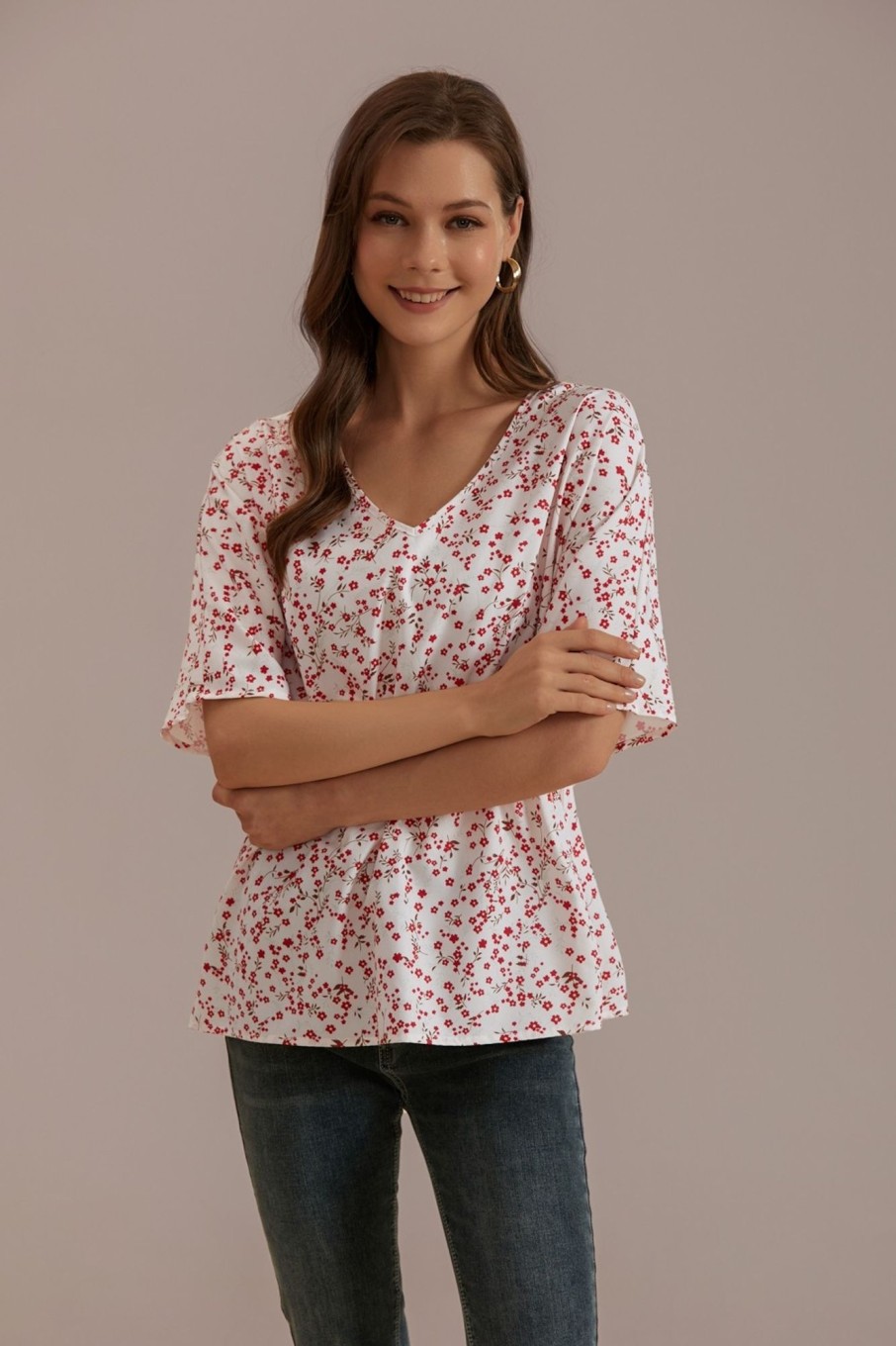 New Floral V Neck Short Sleeve Blouse Multi Colors