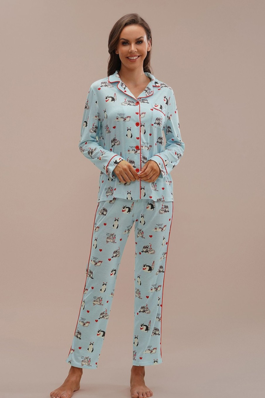 Best Cute Cat Print Long Sleeve Collared Neck Pj Set Blue