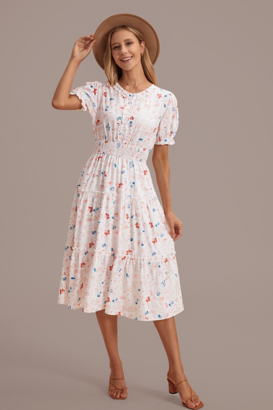 Wholesale Misty Rose Round Neck Short Sleeve Tiered Midi Dress Multi