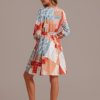 Best Print Long Sleeve Round Neck Lace Up Mini Dress Multi