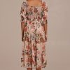 Clearance Floral Half Sleeve Suqare Neck Smocked Midi Dress Multi